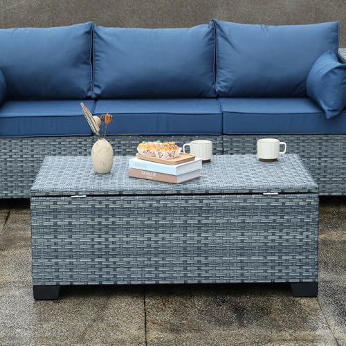 Outdoor Storage Table Wicker Patio Coffee Table All-Weather Rattan Side Table with Waterproof Cover, Grey - color: Grey