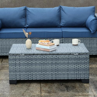 Outdoor Storage Table Wicker Patio Coffee Table All-Weather Rattan Side Table with Waterproof Cover, Grey - color: Grey