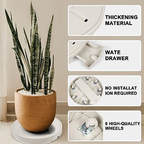 15.7 inch Plant Caddy with Wheels Heavy Duty, Movable Round Rolling Plant Stand Plant Dolly with Invisible Wheels and Water Drawer - color: Milky White, size: 15.7inch - 2pcs