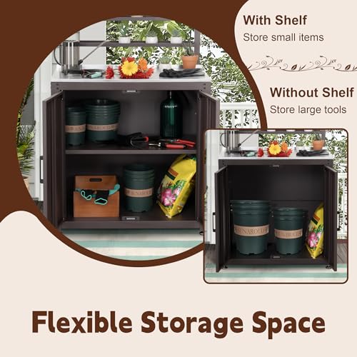 Feasto Outdoor Potting Bench with Storage Cabinet Stainless Steel Tabletop - color: Brown