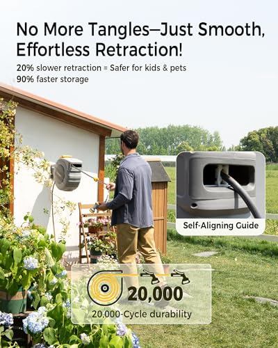 GLAHODEN Retractable Garden Hose Reel 1/2 in x 130 ft, 2025 Upgraded Dual Ratchet Lock UV & Freeze Protection Brass Seal Slow Retraction Anti-Tangle Hose 180°Swivel Reinforced Scaffold Wall Mount - color: Light Gray, size: 1/2" 130FT