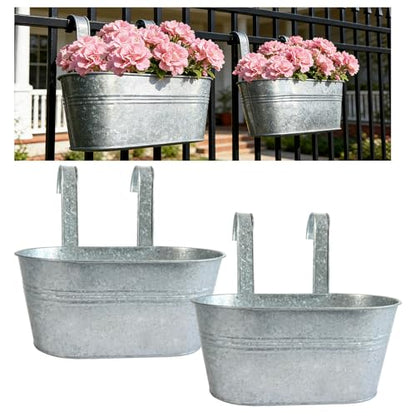 2 Pack 12" Galvanized Hanging Railing Planters with Hooks and Drainage - size: 12 Inch