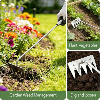 2Pcs Weed Puller Tool - 2026 Portable Manual Weeding Tools Gardening, 5 Teeth Head Stainless Steel Hand Garden Weeding Rake, Weed Remover Tool for Gardening Backyard Yard Farm Planting - color: Silver-2pcs