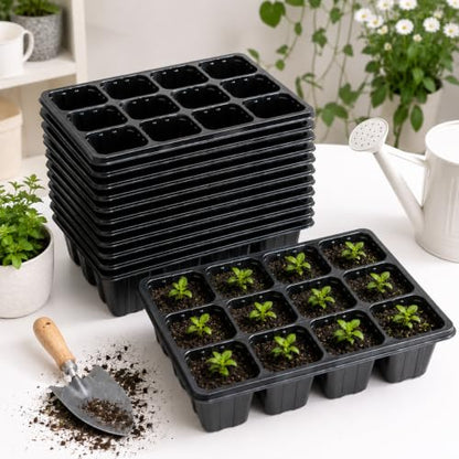 10 Pack Seed Starter Trays with Drainage Holes, Reusable 12 Cell Seedling Trays for Seed Starting, Plant Germination Trays for Herbs, Vegetables, Flowers, Indoor Greenhouse & Outdoor Gardening, Black