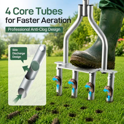 Manual Lawn Aerator with 4 Hollow Tines, Core Plug Design, Sturdy Footrest, Pre-Assembled – Heavy Duty Tool for Loosening Compacted Soil, Yard Aeration & a Thriving Lawn