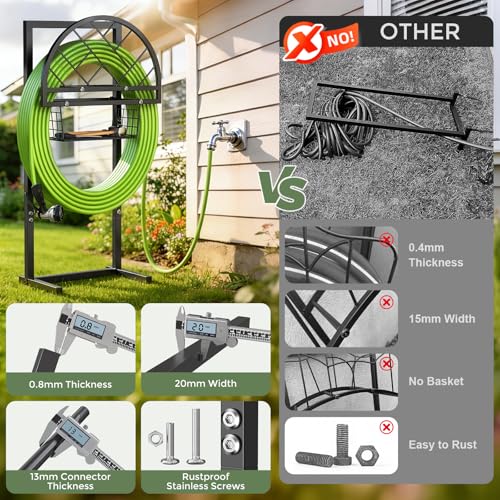 Garden Hose Holder Heavy Duty Water Hose Holder with Storage Basket,Holds Up to 165FT Hose, Freestanding Outdoor Hose Hanger with 4 Spikes Sturdy Hose Stand, for Outside Yard Lawn Patio - color: All Black