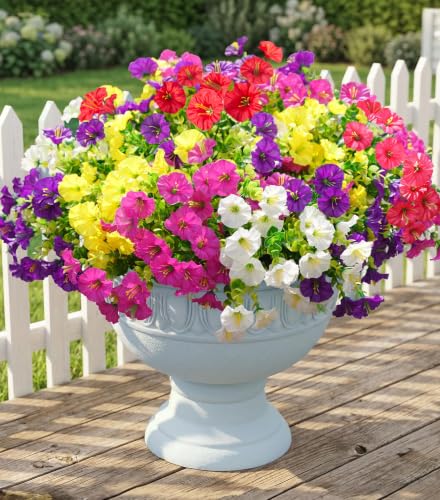 Artificial Flowers Fake Plants for Outdoors Decoration, 12 Bundles Silk Morning Glory with Eucalyptus Realistic UV Resistant Faux Flowers for Outside Planter Porch Yard Patio Garden Home Indoor, Mix - color: 6 Mixed Color(2 Fuchsia, 2 Purple, 2 Yellow, 2