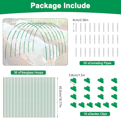 Garden Hoops for Raised Beds, Splinter-Free Fiberglass Greenhouse Hoops Grow Tunnel, 36 Pcs Adjustable Frame for Row Cover & Bird Netting, Rust-Proof DIY Outdoor Plant Stakes