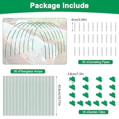 Garden Hoops for Raised Beds, Splinter-Free Fiberglass Greenhouse Hoops Grow Tunnel, 36 Pcs Adjustable Frame for Row Cover & Bird Netting, Rust-Proof DIY Outdoor Plant Stakes