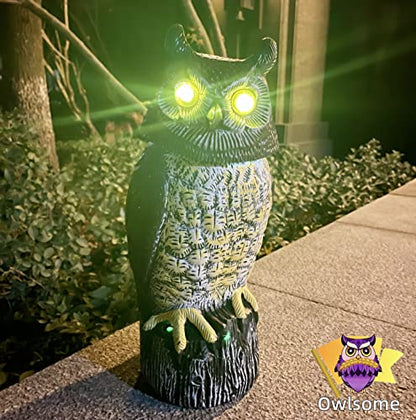 Owlsome Solar Owl with Glowing Eyes, Rotating Head, Hoot Sound, Motion Detector and Silent Mode, Plastic Owl Garden Sculpture, Garden Decoration