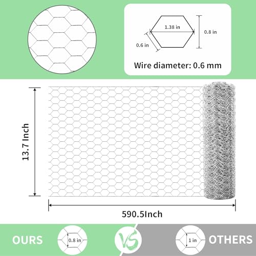 Chicken Wire 13.7 in x 590.5 in Poultry Wire Netting Hexagonal Galvanized Mesh Garden Fence Barrier for Pet Rabbit Chicken Fencing with 100 Pcs Cable Zip Ties - color: Silver, size: 13.7"x590.5"+100Ties