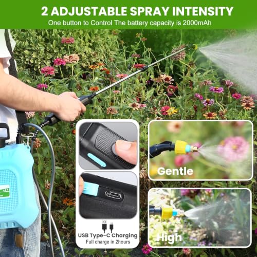 2 Gallon Battery Powered Garden Sprayer, Electric Sprayer with Retractable Wand & 4 Nozzles, USB Rechargeable 2000mAh Sprayer for Weeds, Pest Control, Fertilizing and Cleaning