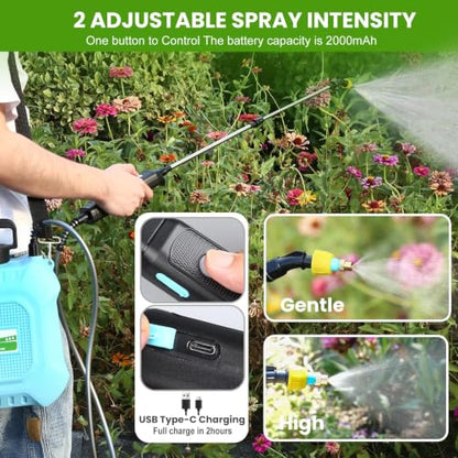 2 Gallon Battery Powered Garden Sprayer, Electric Sprayer with Retractable Wand & 4 Nozzles, USB Rechargeable 2000mAh Sprayer for Weeds, Pest Control, Fertilizing and Cleaning