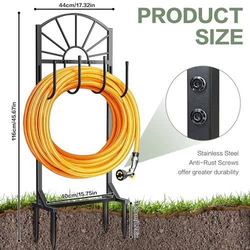 Garden Hose Holder, Upgraded Metal Water Hose Holder with 4 Hooks, Freestanding Heavy Duty Hose Hanger Stand Holds 150 FT Hoses, Detachable Hose Storage Rack for Outside Yard Lawn Farm (Black, Sun) - style: 4 Spikes-Sun