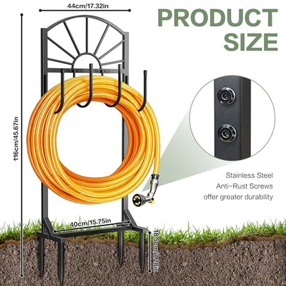 Garden Hose Holder, Upgraded Metal Water Hose Holder with 4 Hooks, Freestanding Heavy Duty Hose Hanger Stand Holds 150 FT Hoses, Detachable Hose Storage Rack for Outside Yard Lawn Farm (Black, Sun) - style: 4 Spikes-Sun