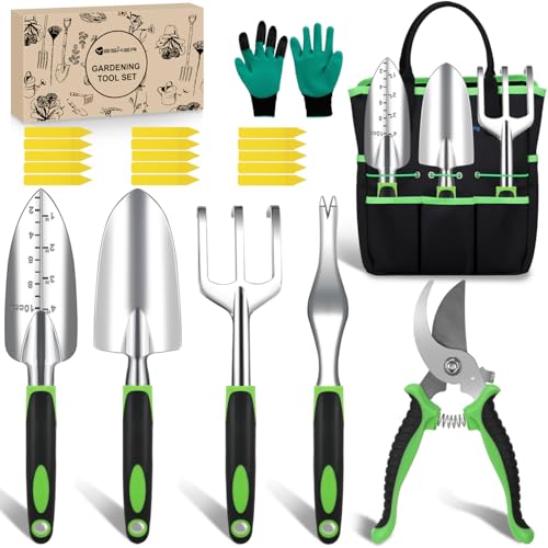 Yesker Gardening Tools 22-Piece Heavy Duty Garden Tool Set Gardening Supplies Gifts for Women Men Gardening Hand Tool Kit with Non-Slip Ergonomic Handle, Garden Bag, Gloves, 15 Plant Tags, Black Green - size: 22PCS Black Green