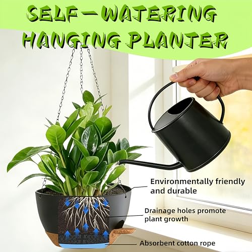 3 Pack Hanging Planters for Indoor Outdoor Plants, 10 Inch Self Watering Hanging Pots for Plants, Plastic Hanging Flower Baskets for Plants Hanger with Drainage and Tray, Chain (Black Brown)