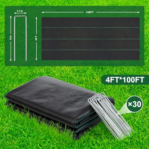 Weed Barrier Landscape Fabric 4FT x 100FT , with 20 U-Shaped Ground Stakes - size: 4FT*100FT
