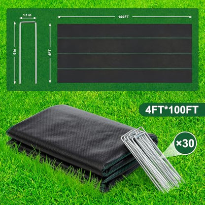 Weed Barrier Landscape Fabric 4FT x 100FT , with 20 U-Shaped Ground Stakes - size: 4FT*100FT