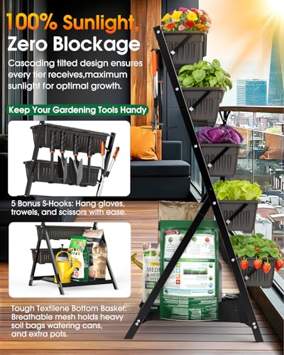 5-Tier Vertical Garden Bed Planter Boxes with Drainage System & Storage Space, Freestanding Vertical Garden Planter with 5 S-Hooks for Plants Vegetables Flowers Herbs in Garden Patio Yard - style: without wheels