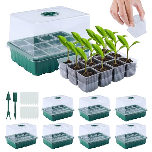 7 Packs Seed Starter Tray, 84 Separate Cells Seedling Starter Trays Kit with Humidity Dome and Base Indoor Greenhouse Mini Propagator, Reusable Seedling Tray for Plants Indoor-Clear
