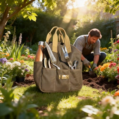 Waxed Canvas Garden Tool Bag Heavy Duty Yard Storage Florist Tote Organizer
