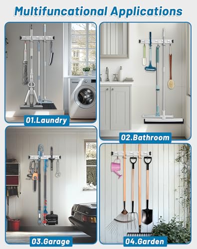 Mop and Broom Holder Wall Mount Garden Tool Rack Organizer - color: Black, size: 4 Packs 5 Hooks