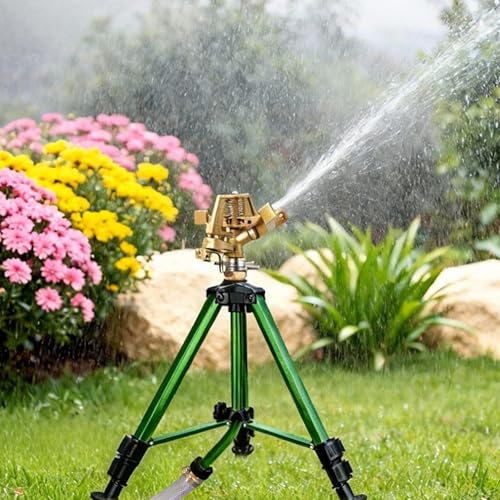 Impact Sprinkler on Tripod Base, 360° Adjustable Brass Sprinkler Head with Stakes, Heavy Duty Metal Tripod Lawn Sprinkler for Large Area Lawn, Yard & Garden Irrigation, 1 Pack