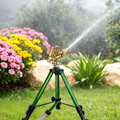 Impact Sprinkler on Tripod Base, 360° Adjustable Brass Sprinkler Head with Stakes, Heavy Duty Metal Tripod Lawn Sprinkler for Large Area Lawn, Yard & Garden Irrigation, 1 Pack