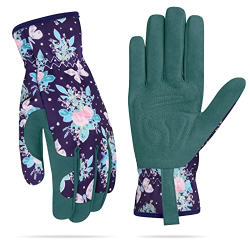 Womens Gardening Weeding Working Gloves, Leather Garden Glove for Women Thorn Proof No Stab for Digging, Planting,Pruning - color: Deep Blue-large