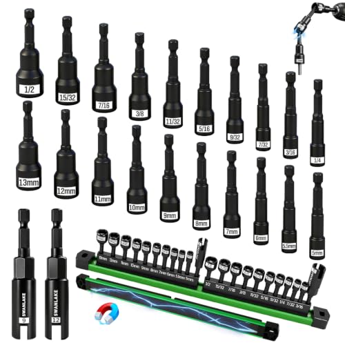 22-Piece Magnetic Nut Driver Set, Metric & SAE (5-13mm & 3/16"-1/2"), 1/4" Hex Shank Impact Bit Set, Wing Nut Driver Bits, Magnetic Aluminum Storage Rail - color: Nut Driver Set With Rail Green