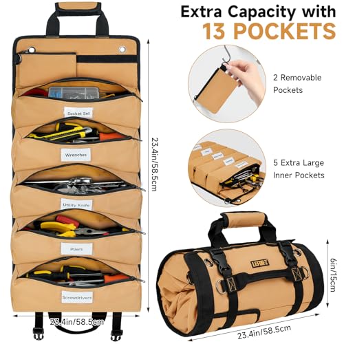 Tool Bag,Large Roll Up Tool Bag Organizer,13 Pockets Tool Roll Storage Pouch,Heavy Duty Portable Tool Storage Carrier Bag for Men,Mechanic,Electrician,Valentines Day Gifts for Men,Brown - color: Brown