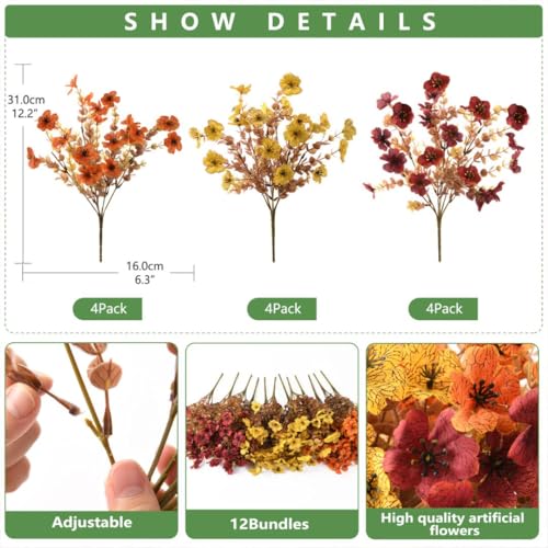 INQCMY Artificial Fake Fall Plants Flowers for Outdoor Outside Decoration - color: Orange Yellow Brown, size: 12 PCS
