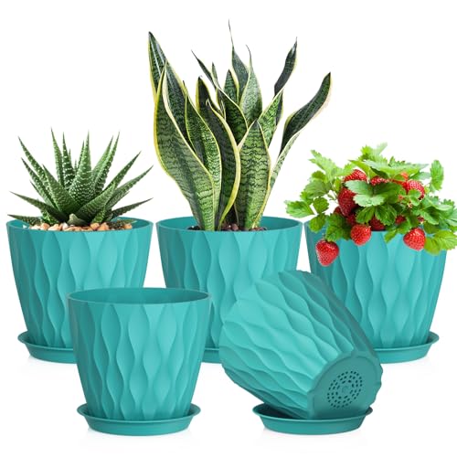Meowell 7 inch Plant Pots for Indoor Outdoor Plants, 5 Pack Thick Flower Pots with Drainage Holes and Saucers, 3D Modern Wave Texture Plastic Planter Pots for Nursery and House Plants, Blue Green - color: Blue Green, size: 7 inch 5 pieces