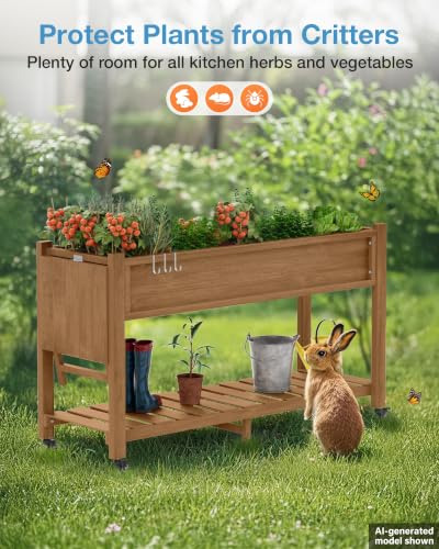 YEFU Raised Garden Bed with Legs, HIPS, Waterproof, 57x18x30in, Teak - color: Teak, size: All-in-One Rolling Planter(1PC)
