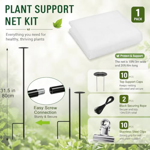 Large 10x20ft Garden Netting Kit for Raised Beds with Metal Support Stakes