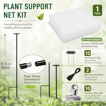 Large 10x20ft Garden Netting Kit for Raised Beds with Metal Support Stakes