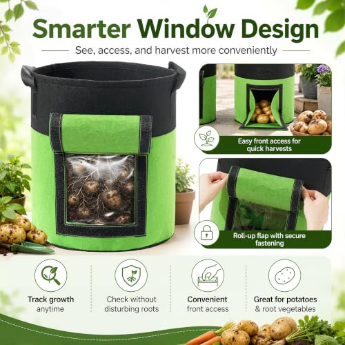 5-Pack 7 Gallon Potato Grow Bags with Harvest Window & Visible Window, Thick Nonwoven Fabric Planter Pots with Handles, Reusable Garden Bags for Potatoes, Carrot, Onion, Tomatoes and Vegetables