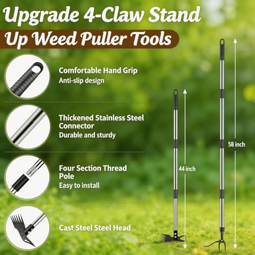 Stand Up Weed Puller Tool with 58" Adjustable Long Handle, 2 in 1 Heavy Duty Manual Weeder & Garden Hoe, 4-Claw Steel Head Weed Remover with Gloves for Yard Lawn Patio Flower Bed