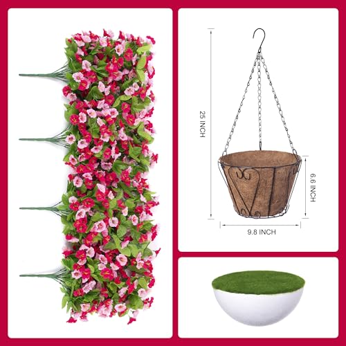 Artificial Flowers with Hanging Basket, Outdoor Faux Plants UV Resistant - color: Hot Pink