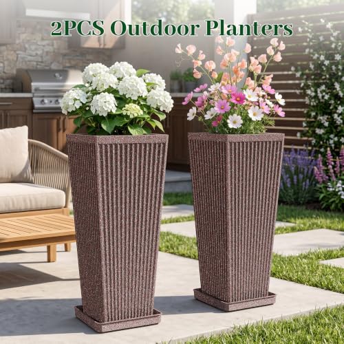 Square Tall Planters for Outdoor Plants with Tray - 24" Brown 2Pack - color: Reddish Brown-sandblasting