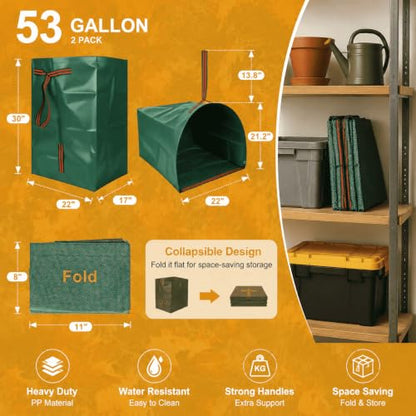 Reusable Yard Waste Bags, Waterproof, Heavy-Duty, Collapsible,2-Pack 53-Gal