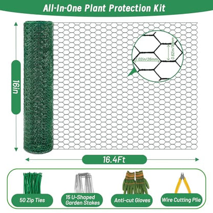 Convivium Plant Protectors from Animals, 0.8mm Free-Cut Green Chicken Wire Mesh, PVC Coated Tree Trunk Guard & Garden Fence for Outdoor Plants with Zip Ties, Stakes, Pliers, Gloves（16.4Ft*16In） - size: 16.4Ft*16In