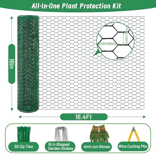 Convivium Plant Protectors from Animals, 0.8mm Free-Cut Green Chicken Wire Mesh, PVC Coated Tree Trunk Guard & Garden Fence for Outdoor Plants with Zip Ties, Stakes, Pliers, Gloves（16.4Ft*16In） - size: 16.4Ft*16In