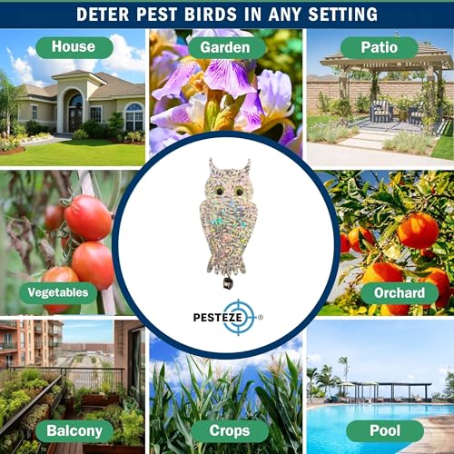 PESTEZE USA Owl Bird Deterrent Reflective Hanging Decoy Repellent with Bell, 4 Pack 6 x 13.5 in Shiny Scare Device Keep Birds Away Outdoor Porch Garden Yard Patio Protect Property