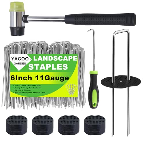 6 Inch Landscape Staples Set, 11 Gauge Galvanized U-Shaped Garden Stakes (50 Pack) with 50 Gaskets, Hook Tool & Rubber Mallet for Weed Fabric & Landscaping - size: 50pcs
