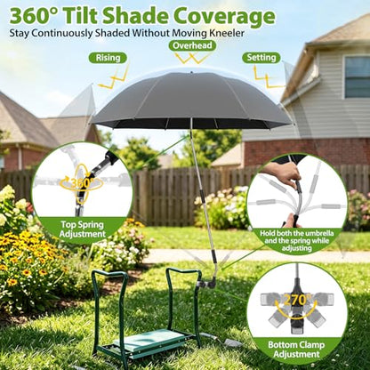 Garden Kneeler Umbrella, 42” Large Clip on Umbrella with Metal Clamp,UPF50+ Sun Protection,360°Swivel,Folding Garden Umbrellas for Garden Bench Kneeler Seat,Outdoor Gardening Shade - color: Gray