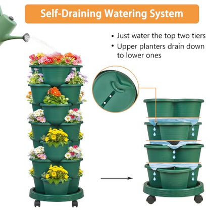 VECELO 7 Tier Vertical Garden Planter, Self Watering Stackable Planters with Wheels for Strawberries, Herbs, Flowers, Vegetables, Dark Green - color: Dark Green, size: 7 Tier