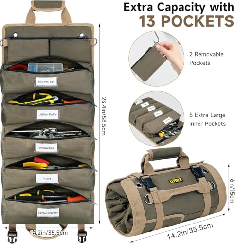 Tool Bag,Large Roll Up Tool Bag Organizer,13 Pockets Tool Roll Storage Pouch,Heavy Duty Portable Tool Storage Carrier Bag for Men,Mechanic,Electrician,Valentines Day Gifts for Men,Olive Green - color: Olive Green