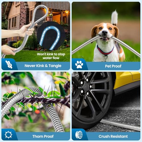 Garden Hose 100FT, Water Hose with 10 Function Nozzle, Garden Hose Metal with Leak-proof Connectors, Kink-Free & Ultra Flexible, Rust/Puncture Proof for Lawn, Yard, RV, Car Wash, 550PSI - size: 100 FT